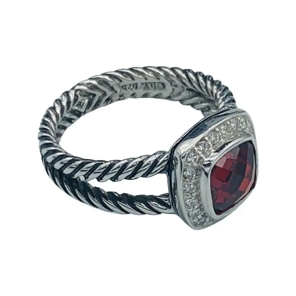 David Yurman Sterling Silver Garnet & Diamond Petite Albion Ring Size 9